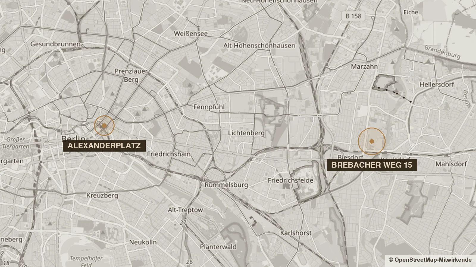 Übersichtskarte Berlin: der Standort Brebacher Weg 15 im Osten, der Alexanderplatz im Zentrum