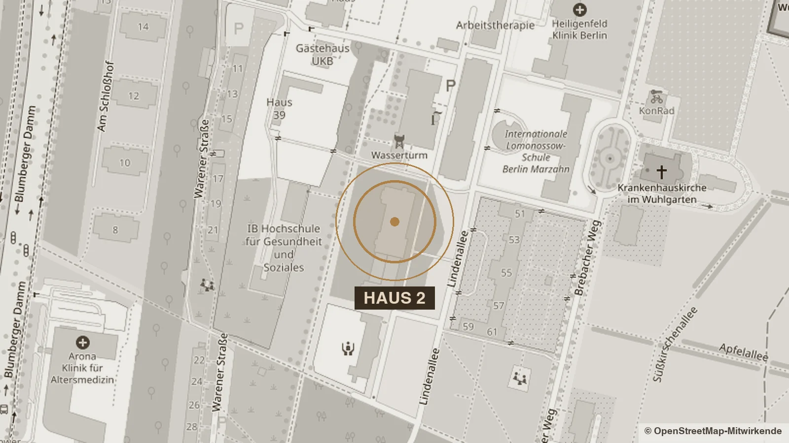 Kartenausschnitt des UKB-Geländes mit markiertem Haus 2 zwischen Warener Straße und Brebacher Weg