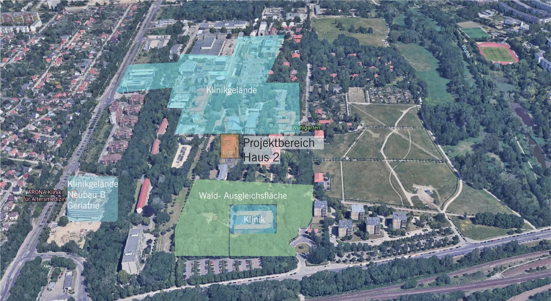 Luftbild des UKB-Campus mit farblich markiertem Haus 2