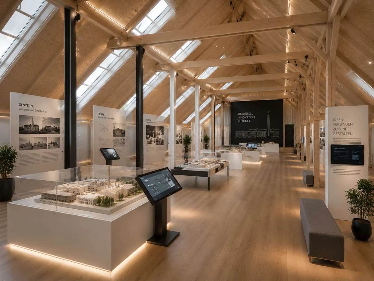 Visualisierung einer Ausstellungsfläche im offenen Dachgeschoss mit Vitrinen, Stellwänden und durchgehendem Oberlichtband