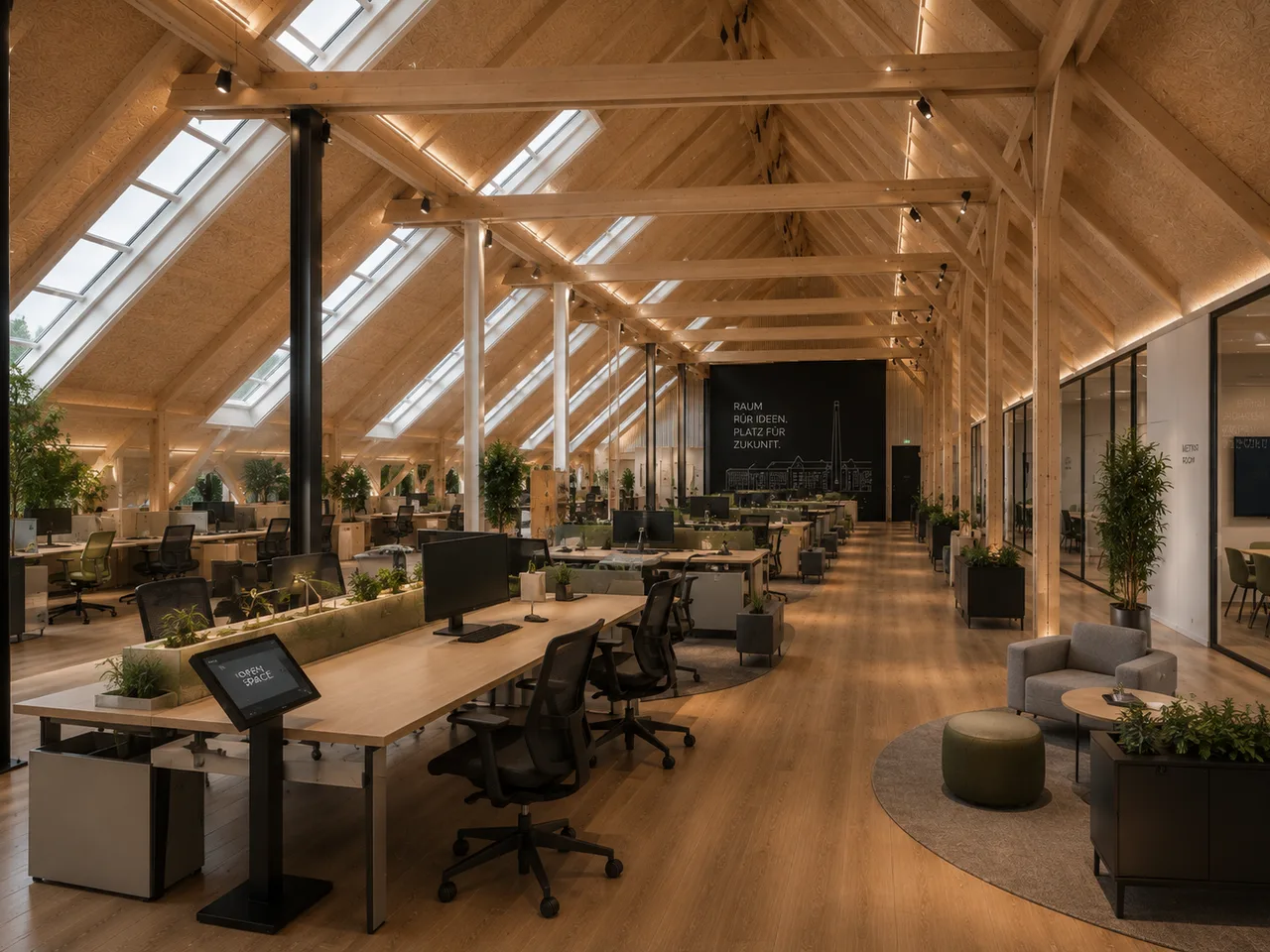 Visualisierung eines Open-Space-Büros unter dem Dachstuhl mit Arbeitsplatzreihen, Loungezone und verglasten Besprechungsräumen